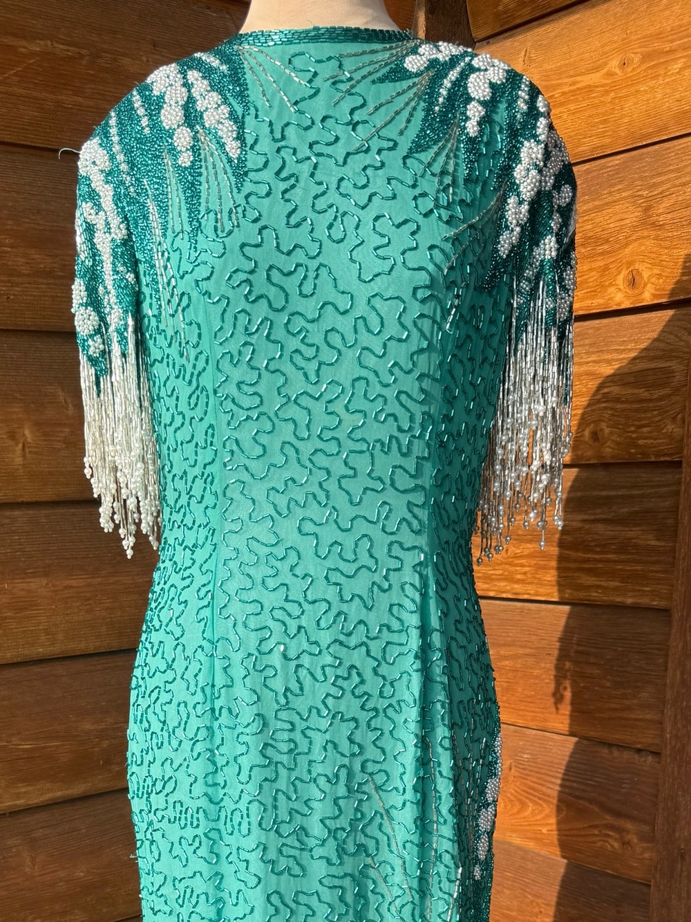 Lillie Rubin Beaded Teal Fringe Evening Dress